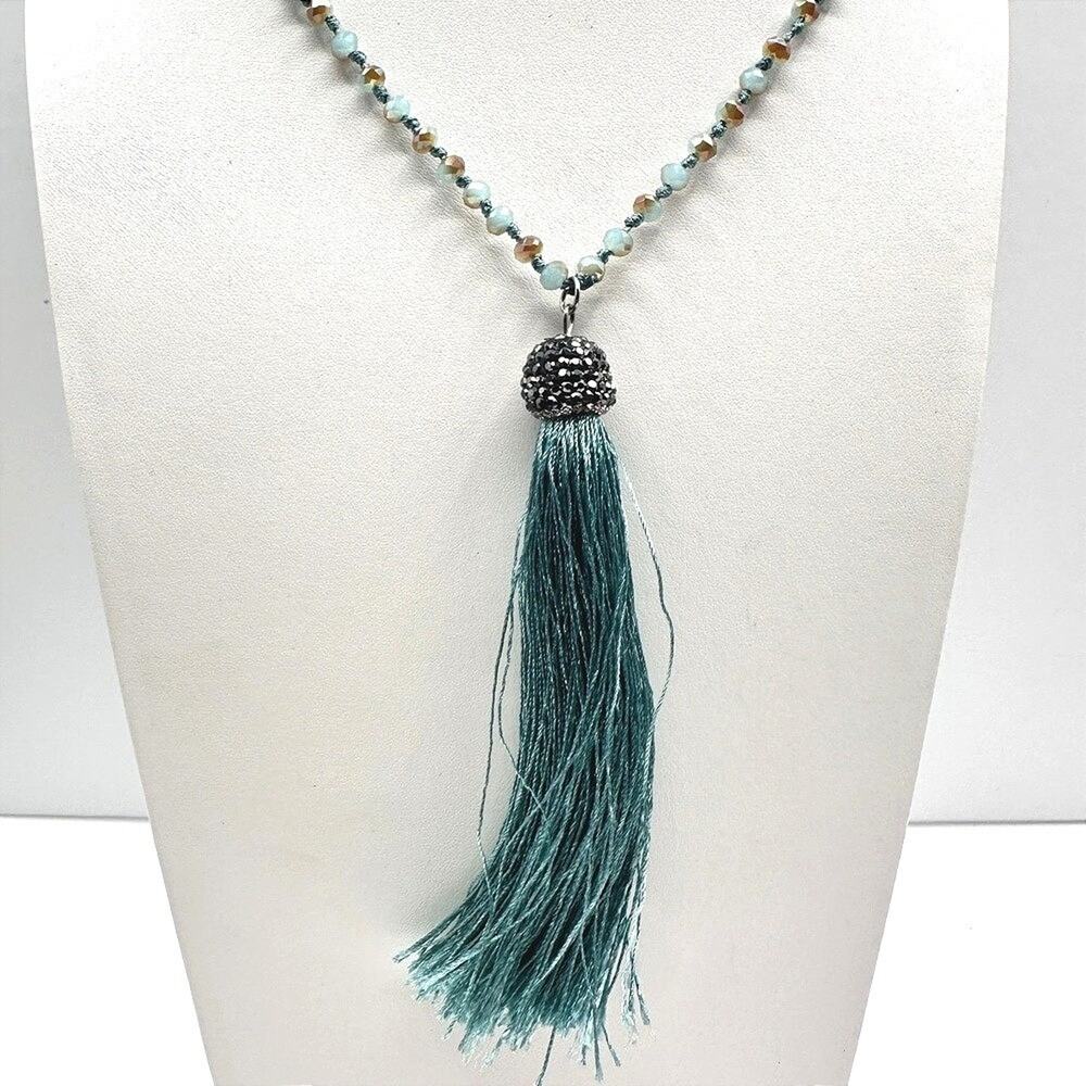 Vintage 90s Long Teal Blue Beaded Tassel Necklace Boho Statement Women's Jewelry